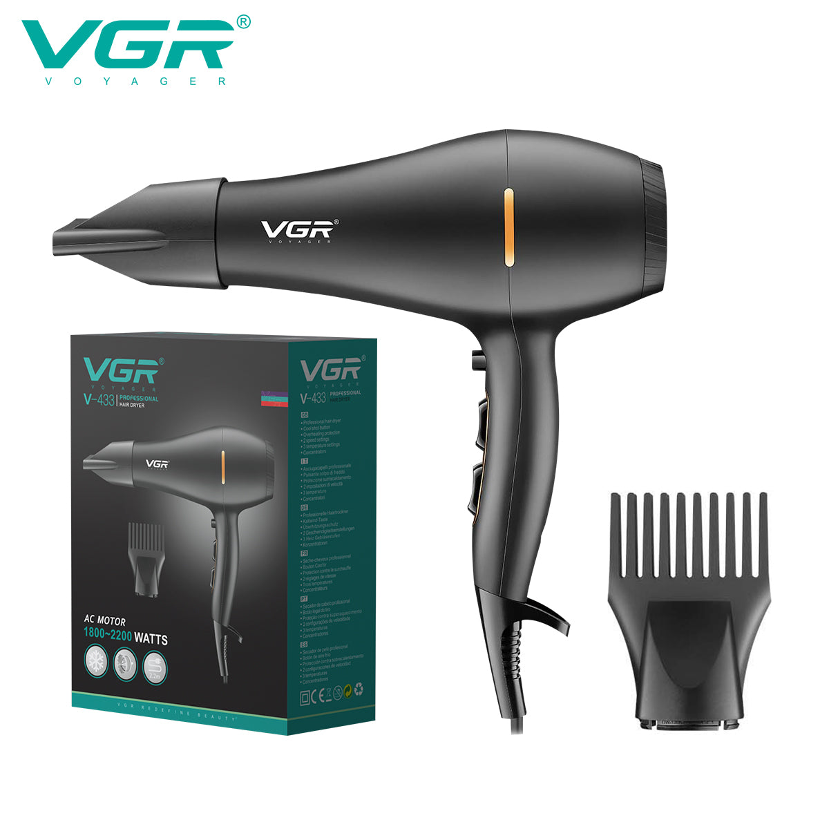 مجفف شعر احترافي بمحرك تيار متردد 1800-2200 وات VGR V-433
